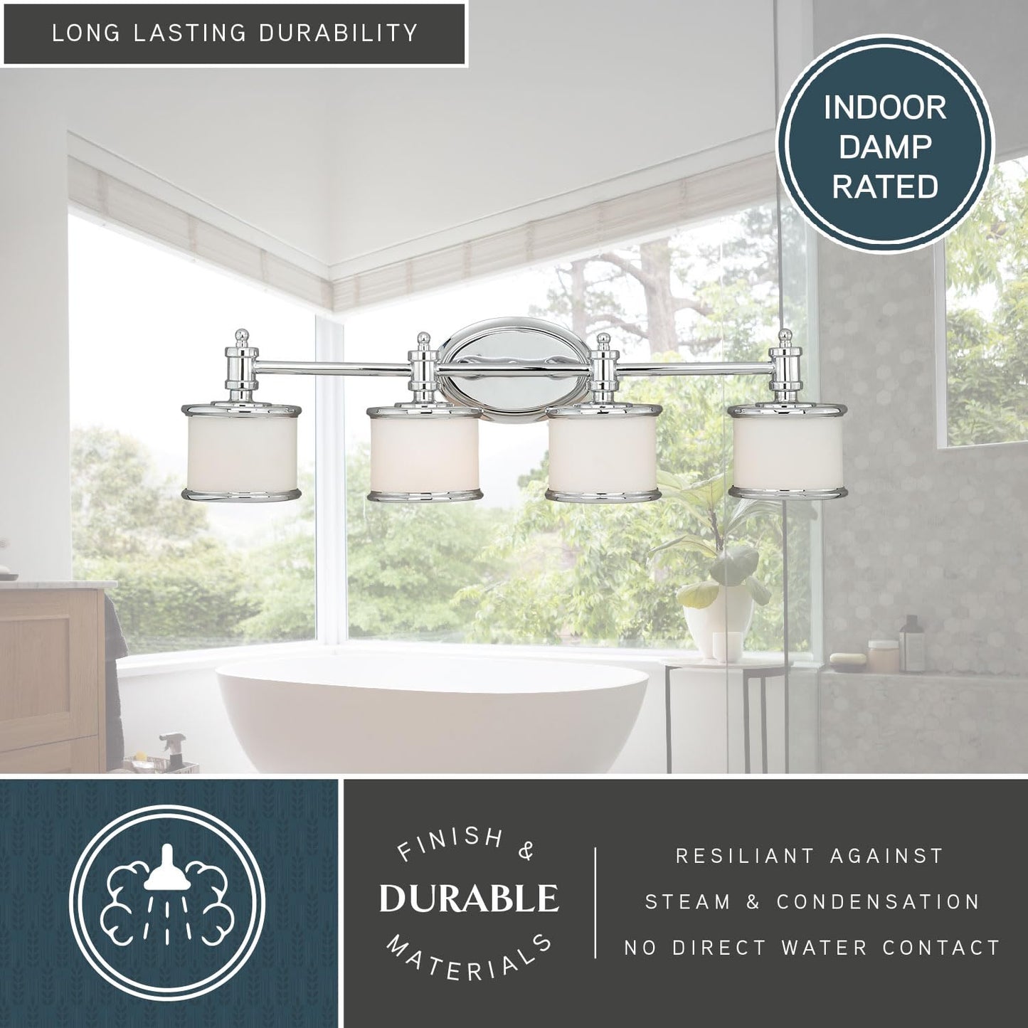 VAXCEL Carlisle 4-Light 30.25 inch Wide Chrome Transitional Bathroom Vanity Lighting Fixture, White Frosted Opal Glass Shade, Dimmable, LED