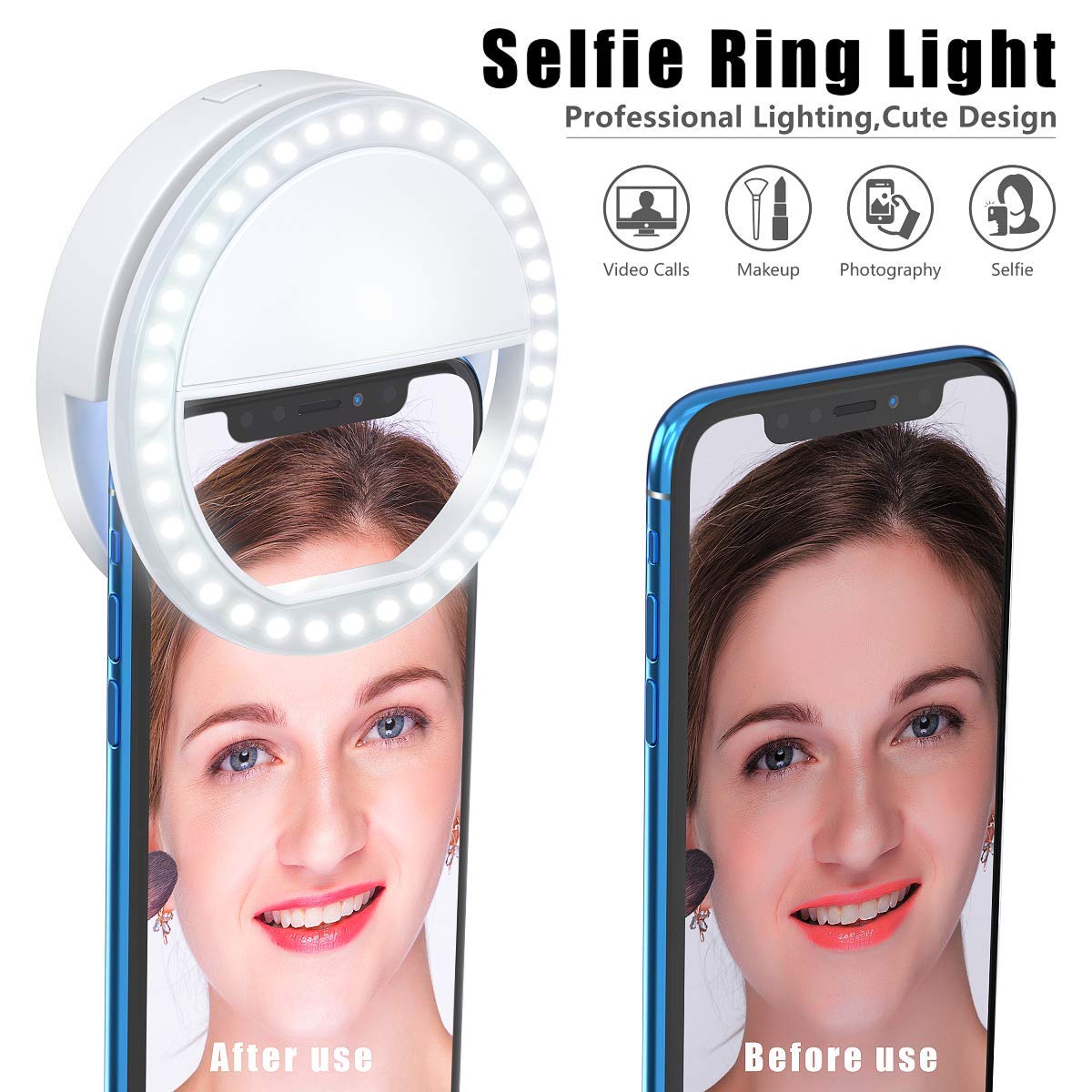Meifigno Selfie Ring Light, [Rechargeable] with 36 LED Lights, 3-Level Adjustable Brightness Clips On Phone Ring Light Compatible with iPhone 16 15 14