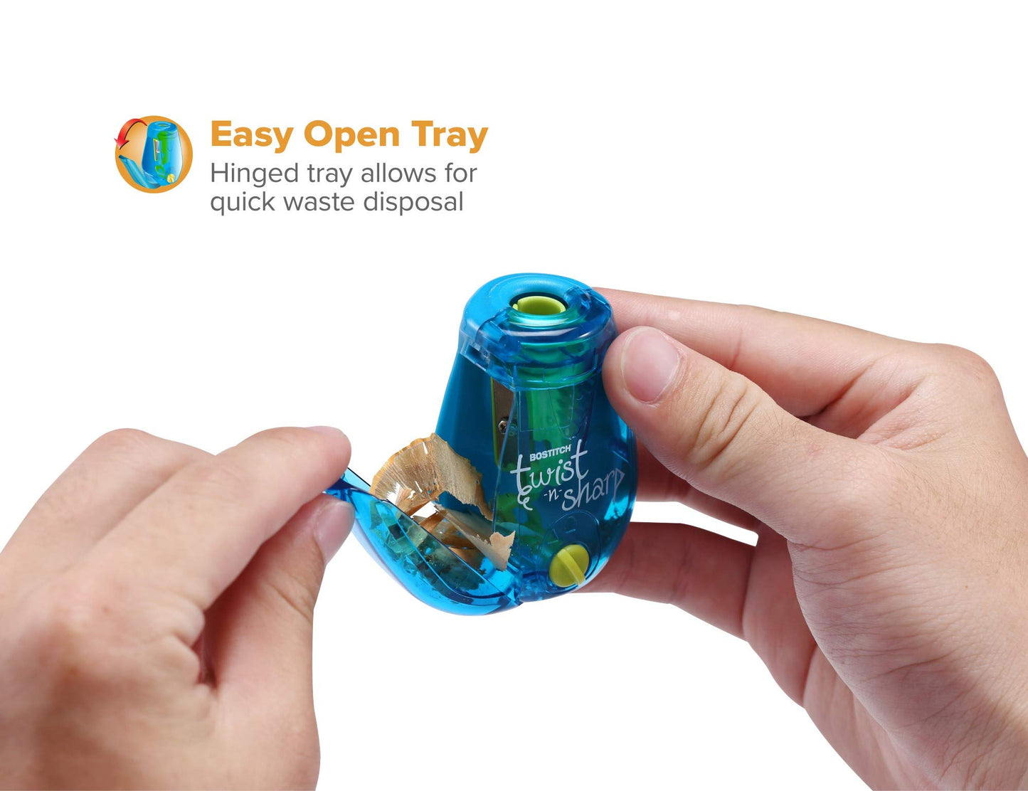 Bostitch Office Pencil Sharpener, Manual, Twist-n-Sharp with Shavings Tray, Kids, Boys, Girls, Colored Pencils, 3-Pack, Lime Green, Blue and Red