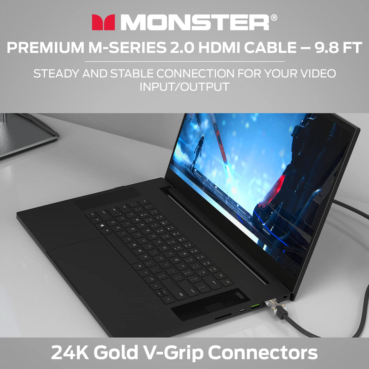 Monster M-Series Certified Premium HDMI Cable 2.0, High-Speed 22.5 Gbps, 4K UHD 60Hz, Triple-Layer Shielding, Duraflex Jacket, HDMI Cable for TV, Monitor, Gaming, PC, 9.8 ft