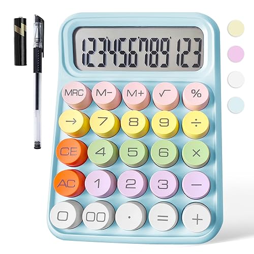 Pink Cute 12 Digit Large LCD Display Big Round Button Calculator - Office Desktop 15Tilt Screen for Kids (Blue)