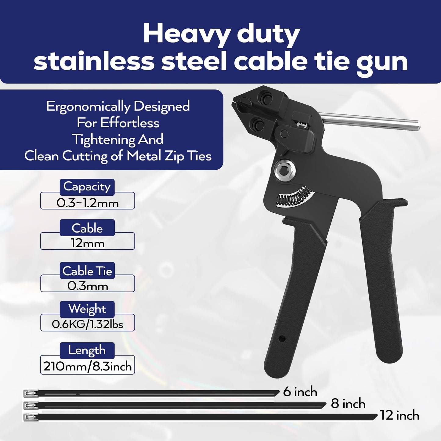 Stainless Steel Zip Ties Kit, 300 PCS - 11.8", 8", 6" 304 Epoxy Coated Metal Cable Ties with Gun, Scissors, Tie Remover, Gloves, Storage Bag