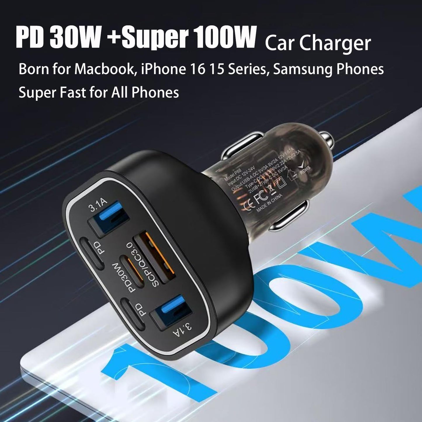 6 in 1 Multi Port USB C Car Charger Adapter PD 30W 6 Ports Super Fast Charging Cigarette Lighter Adapter 2 USB-C for MacBook iPhone 16/15/14/13/12