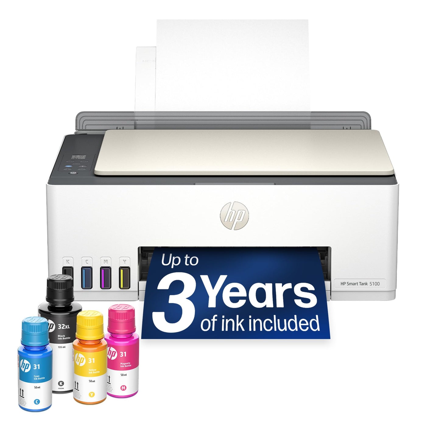 HP Smart Tank 5100 Wireless All-in-One Refillable Printer, Scanner, Copier with up to 3 Years of Ink Included, Best-for-Home, Cartridge-Free