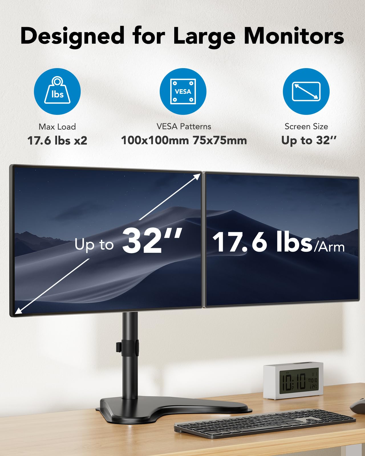HUANUO 32 inches Dual Monitor Stand up to 17.6lbs per Arm, High-Grade Aluminum Free Standing Dual Monitors Mount for 2 Screens. Fully Adjustable Dual