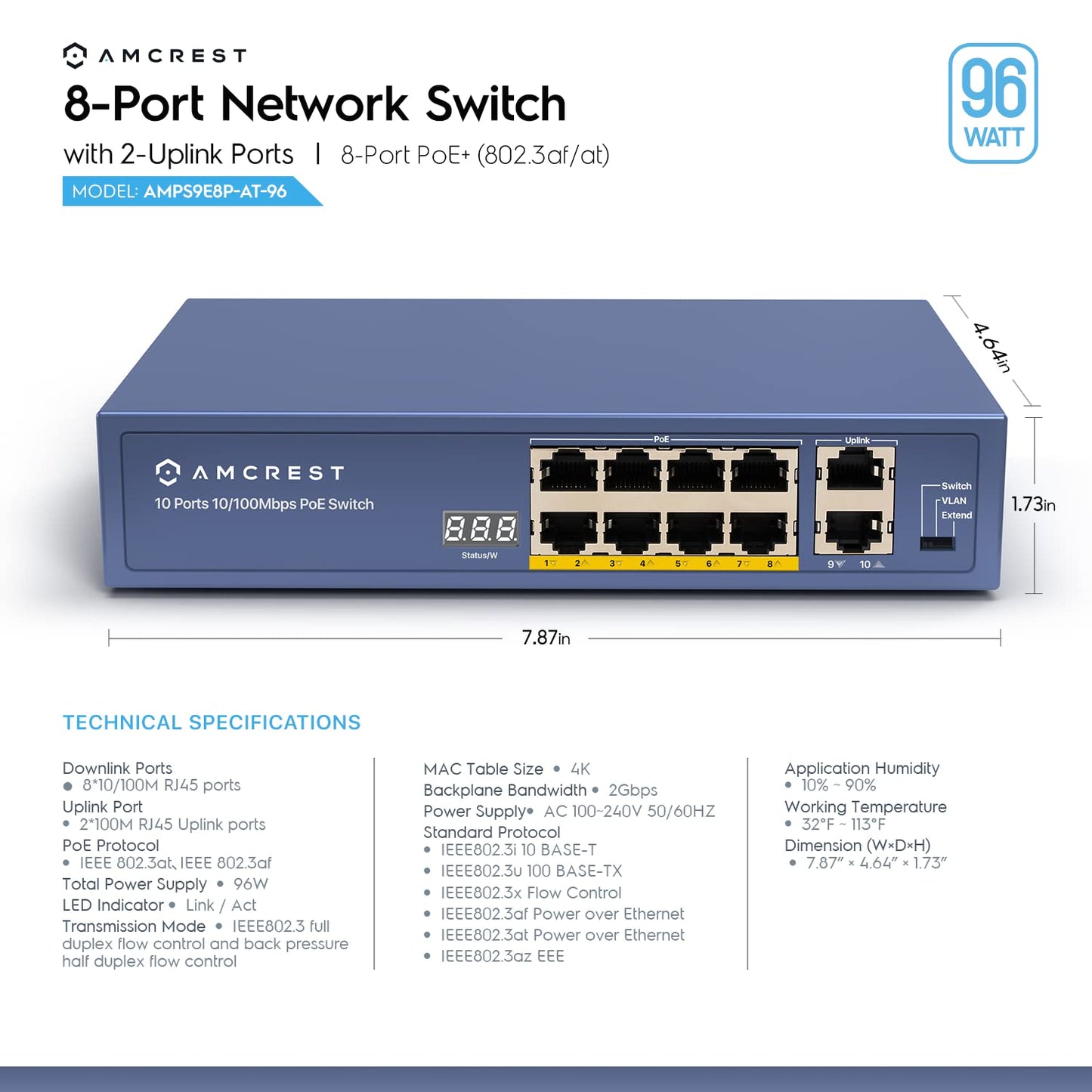 Amcrest 8-Port POE+ Switch, Power Over Ethernet, 802.3at, 96W, Metal Housing, 2-Port Uplink, Unmanaged, Desktop, 1-Year Warranty