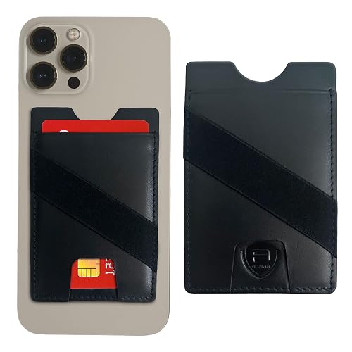 Alban Leather Stick On Cell Phone Wallet with Finger Strap, Phone Pocket Case for Credit Card, ID, Cash - Strong Adhesive, RFID Blocking, Compatible