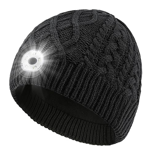 Wewow Unisex Beanie Hat with Light, LED USB Rechargeable Headlamp Beanie, Gifts for Dad Father Men Husband Warm Knitted Cap Black