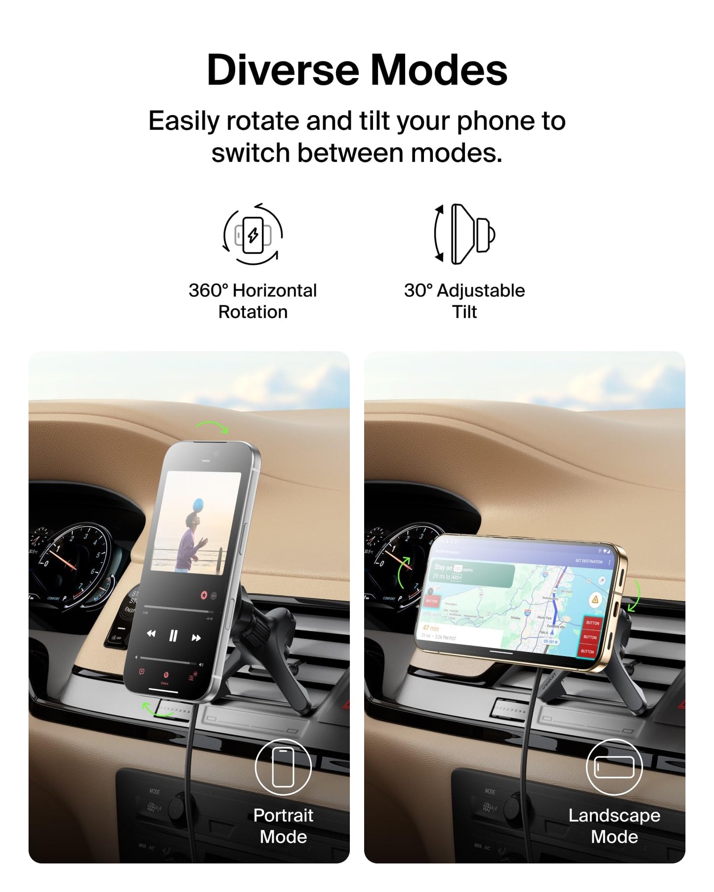 Belkin Wireless Car Charger, Magnetic Car Vent Mount w/ 3.3ft USB C Cable, Qi2 MagSafe Compatible Fast Charging iPhone Charger for iPhone 17, Galaxy