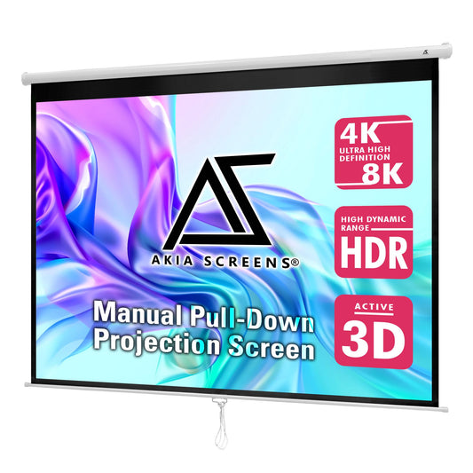 Akia Screens 100-Inch Manual Pull Down Home Theater Projector Screen 4:3, Retractable Wall & Ceiling Mount, Auto-Locking, White Case (AK-M100V1)