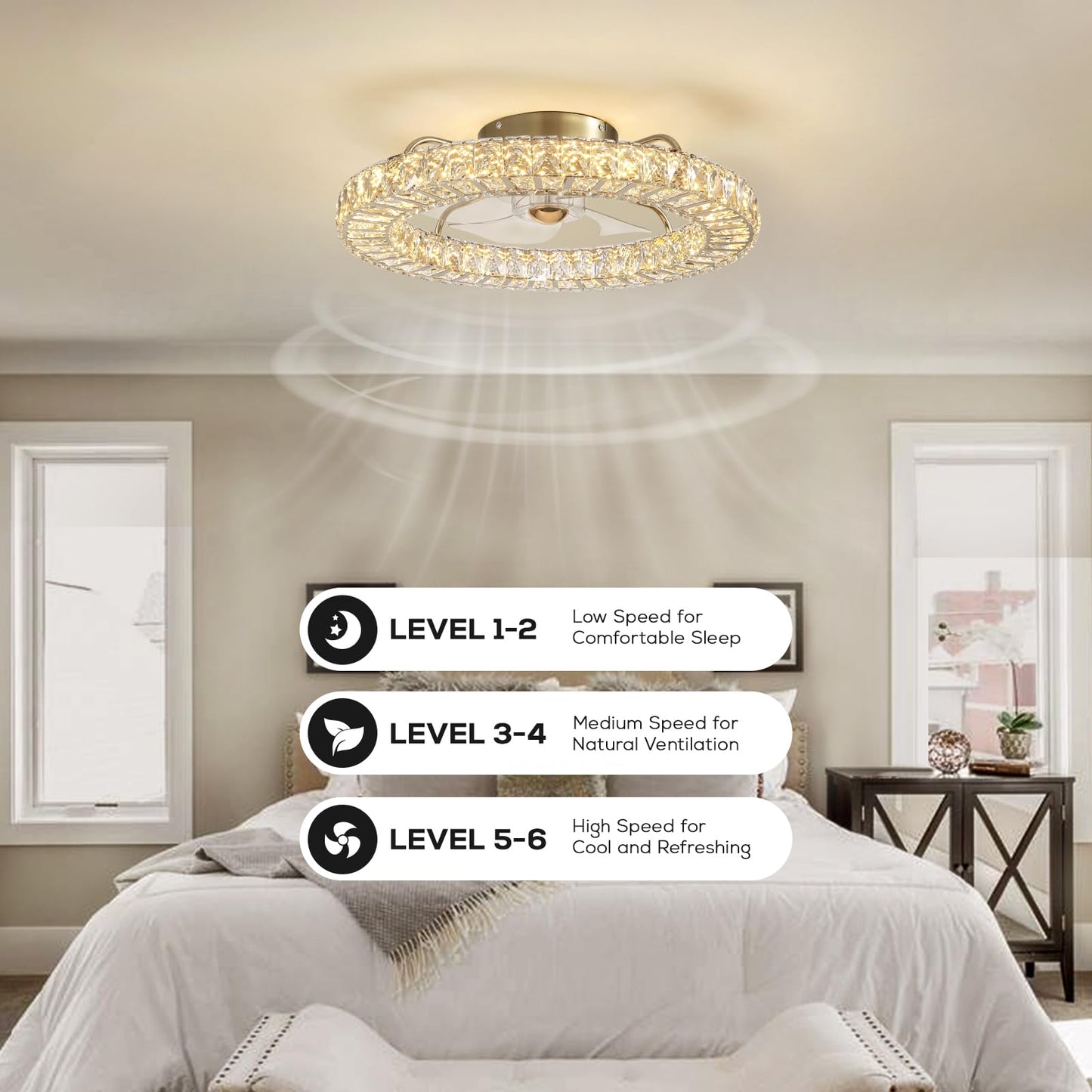 MOOONICHE 22" Low Profile Flush Mount Ceiling Fan, Ceiling Fan with Light and Remote, Dimmable Fandelier with Crystal Lampshade, Bladeless Enclosed