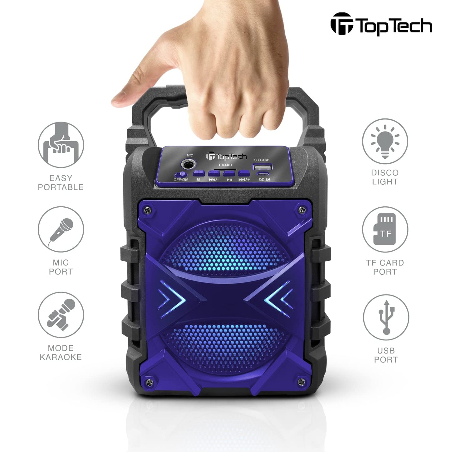 Top Tech Audio Jet-4 400W Bluetooth Speaker, 4" Woofer, Louder Volume, Crystal Clear Stereo, Rich Bass, 100ft Wireless Range, Mic Input, Portable