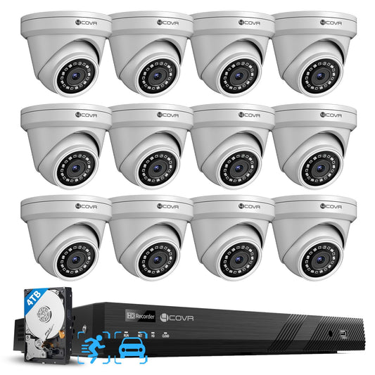 4COVR 16 Channel Security Camera System,AI Human Vehicle Detection, 16CH 8MP NVR 4TB HDD, 12Pcs 5MP Wired Commercial Dome IP PoE Camera IP67 Night