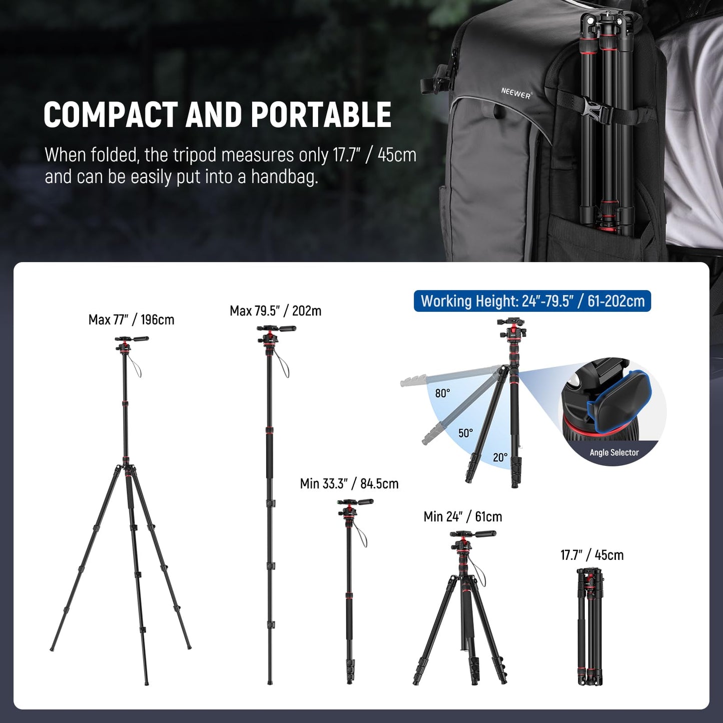 NEEWER BASICS Camera Tripod Monopod, 77" Compact Lightweight Travel DSLR Video Stand 360° Ball Head, Arca Type QR Plate, Reversible Legs, Inverted