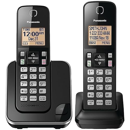 Panasonic Cordless Phone 2 Handsets System Expandable with Amber Backlit Display - KX-TGC352B (Black)