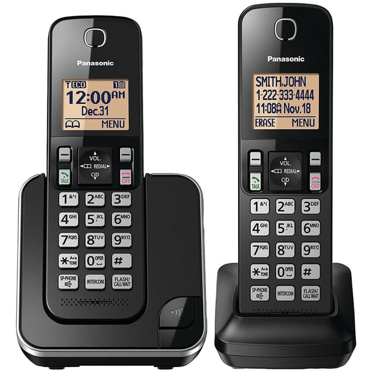 Panasonic Cordless Phone 2 Handsets System Expandable with Amber Backlit Display - KX-TGC352B (Black)