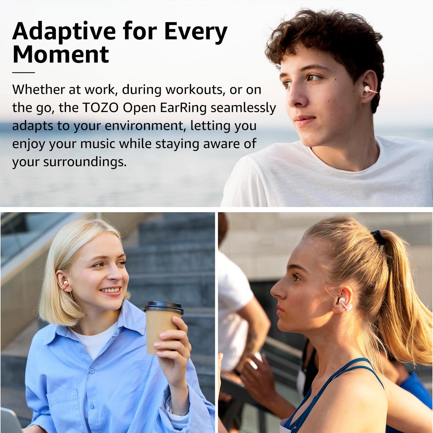 TOZO OpenEarRing True Open Ear Earbuds, Lightweight Comfort Open Ear Clip Wireless Earbuds, 40H Play Bluetooth 5.4 Headphones with Smart Digital