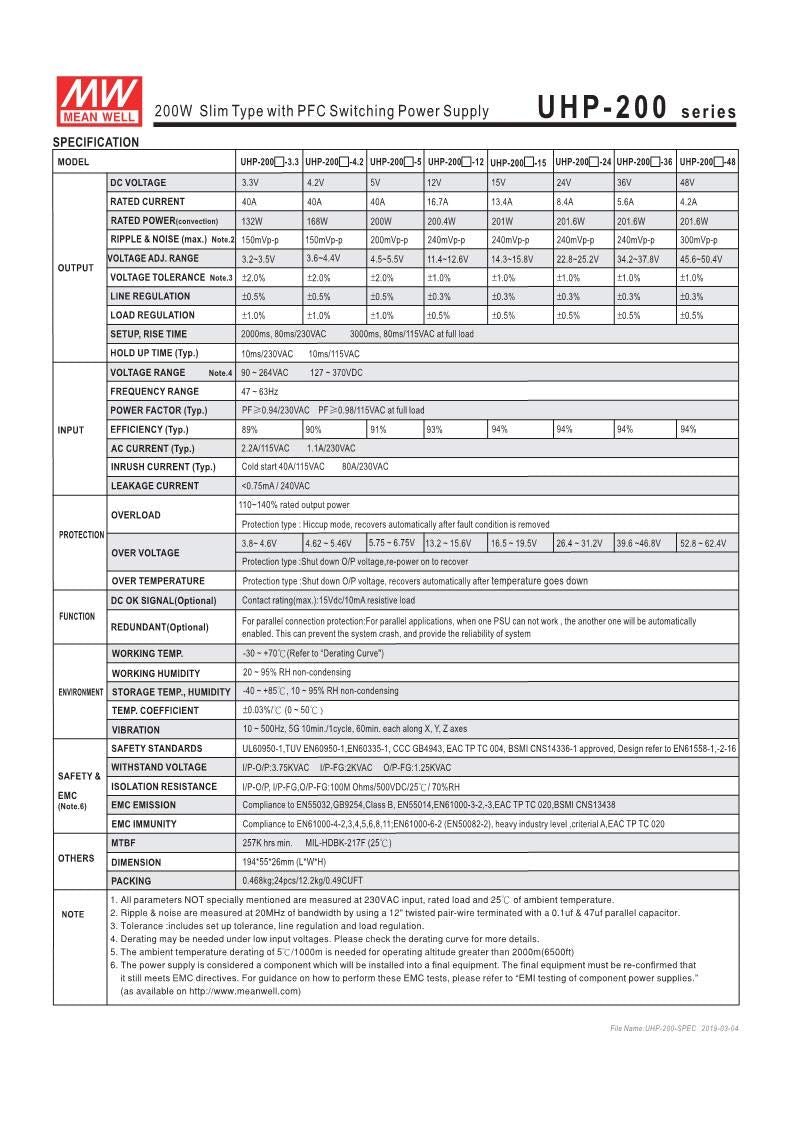 MEAN WELL UHP-200-36 36V 6A 202W Slim Type LED Power Supply