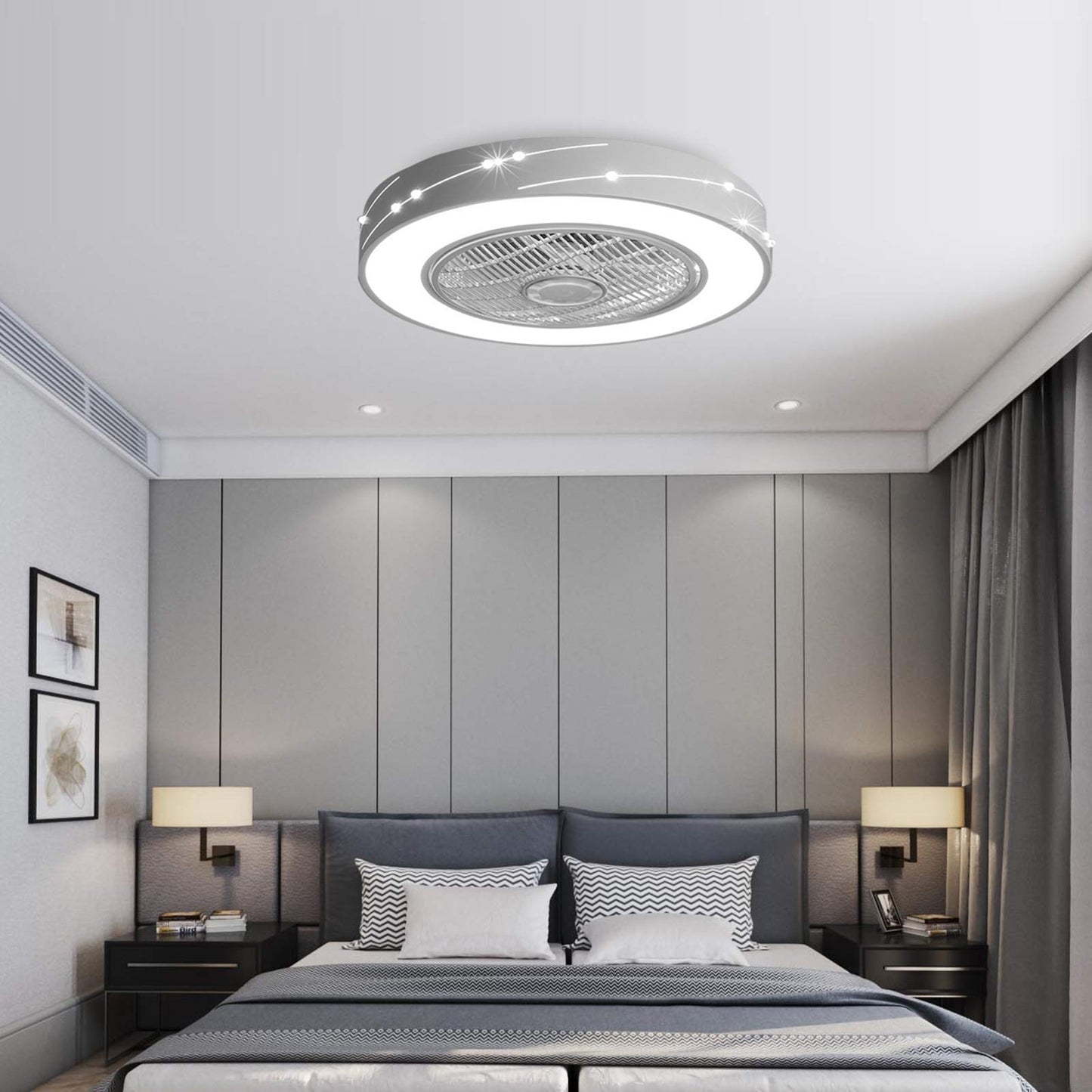 TFCFL 22" Ceiling Fan with Light, Modern Semi Flush Mount Invisible Chandelier Fan with Controller 3 Colors 3 Speed Hidden Blades Low Profile Fan