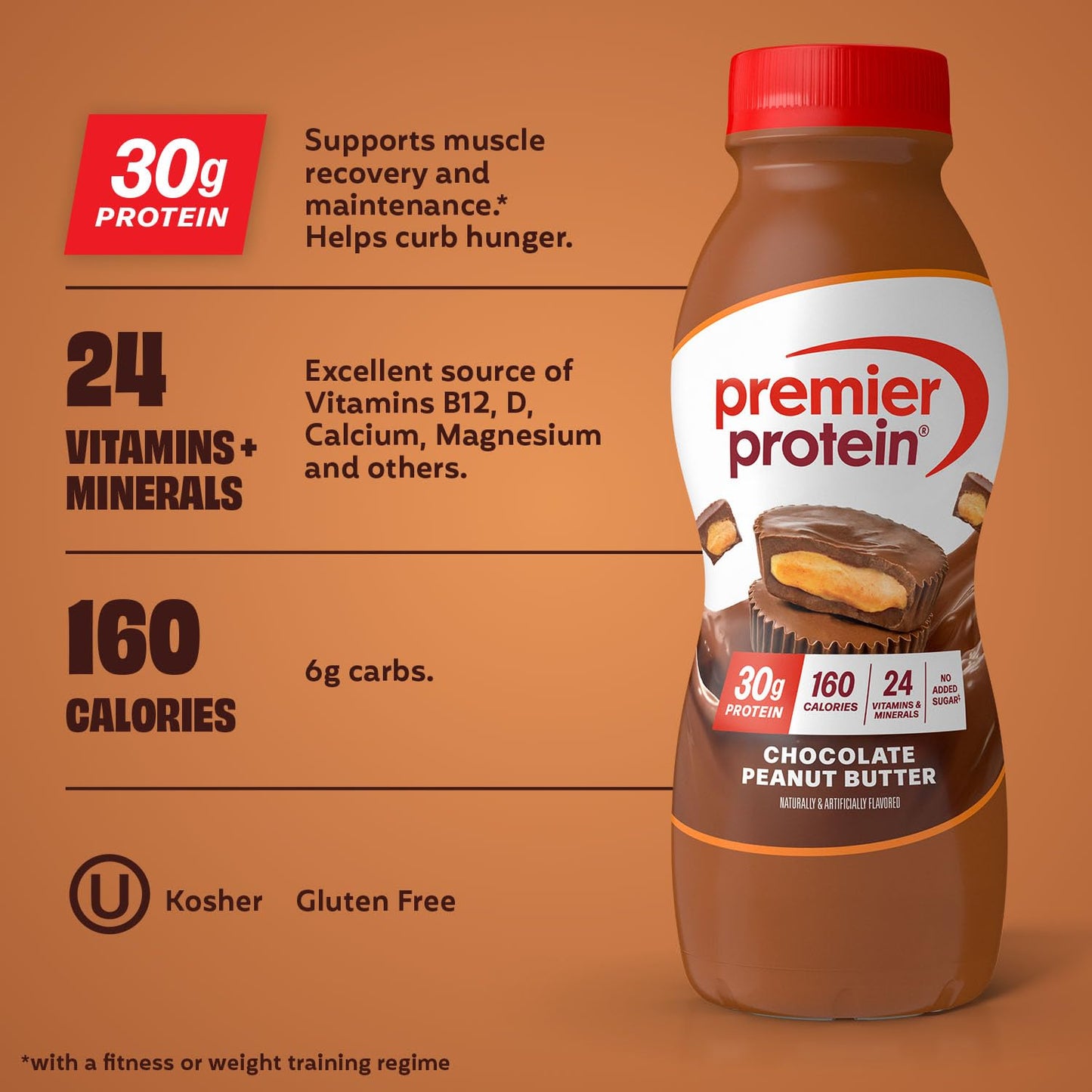 Premier Protein Shake, Chocolate Peanut Butter, 30g Protein, No Added Sugar, 24 Vitamins & Minerals to Support Immune Health, 11.5 fl oz, 12 Pack