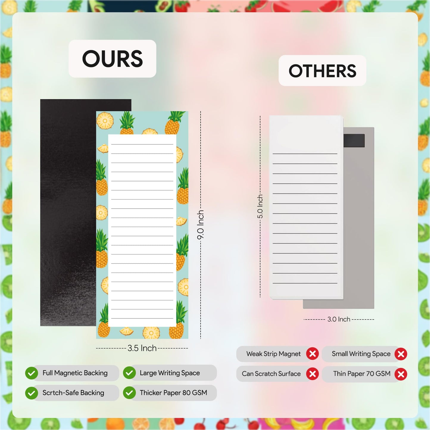 8 Magnetic Notepads - Notepads for Grocery List, Shopping List, To-Do List, Reminders -Strong Magnetic Back- Memo Notepad with Realistic Fruit Designs