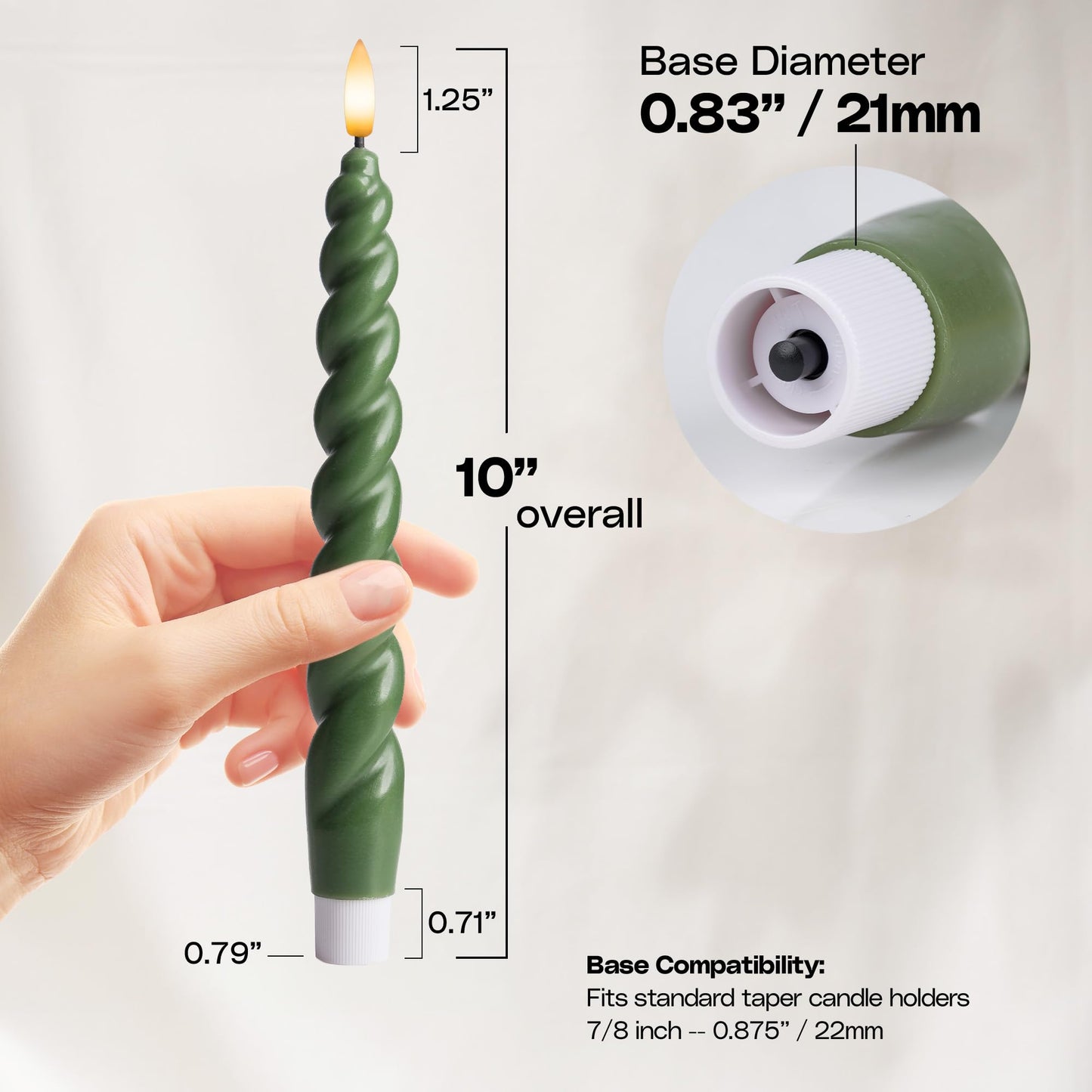 West Ivory Full Twisted Spiral Flameless LED Taper Candles - Loden Green, Set of 2 - 2/4/6/8-Hr Timer (24-Hr Memory), Remote, Dimmable, Bottom On/Off