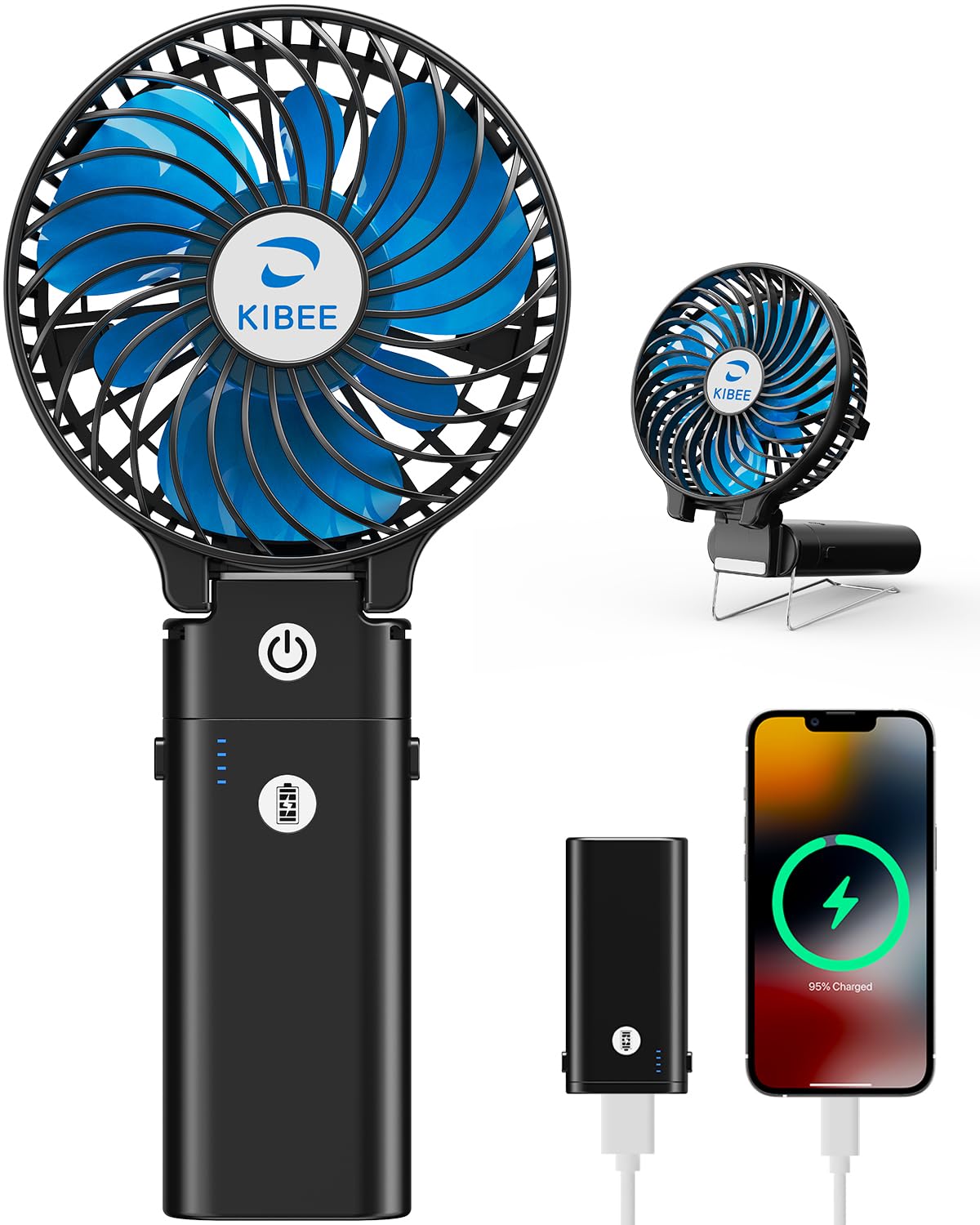 KIBEE Portable Handheld Fan, 5200mAh Rechargeable Fan with Power Bank, Up to 20H Runtime, 180° Foldable Mini Fan, 3-Speed Strong Airflow Personal Fan