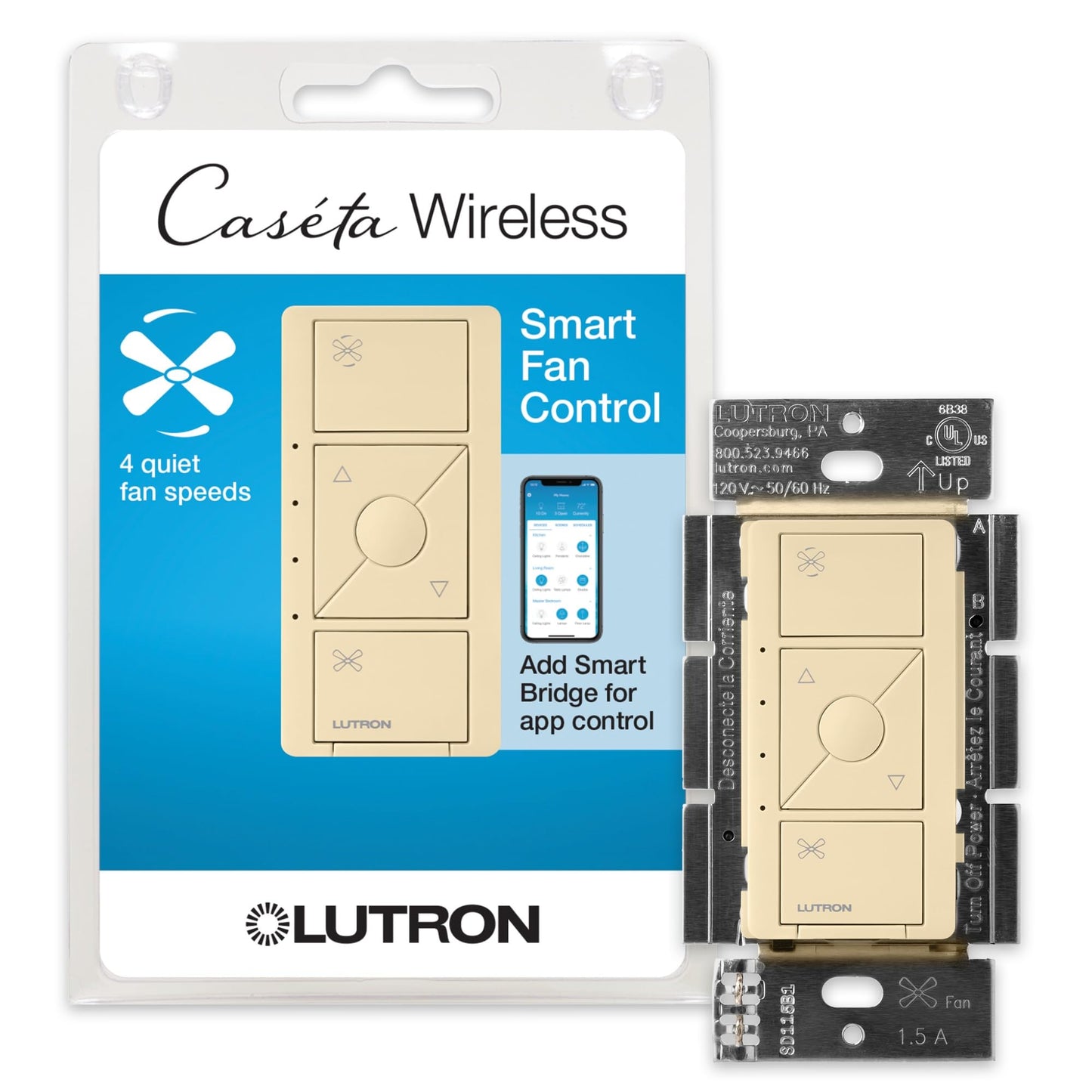 Lutron Caseta Smart Fan Control (Smart Hub Required) 4-Speed for Paddle Fan