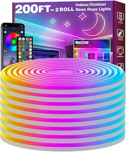 FBZ 200Ft Led Rope Lights, Flexible Neon Lights Control with App/Remote, Multiple Modes, IP65 Outdoor RGB Waterproof, Music Sync Gaming Light Strip