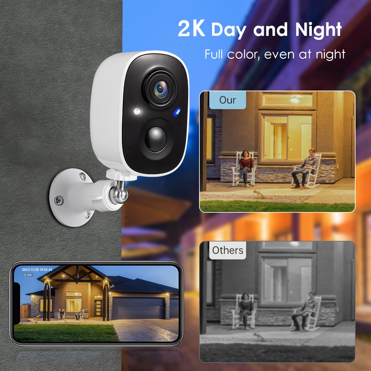 GMK Security Cameras Wireless Outdoor, 2K Color Night Vision AI Motion Detection 2-Way Talk Battery Powered WiFi Home Indoor Camera IP65 Weatherproof