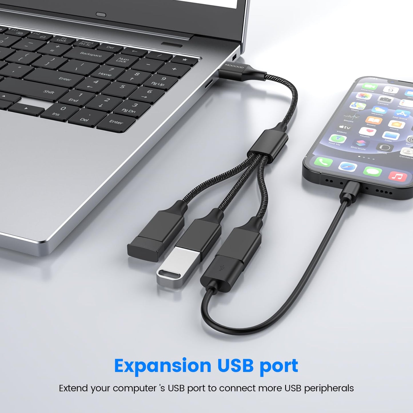 MOGOOD USB Splitter Cable, 1 Male to 3 Female USB2.0 Adapter, USB Extension Cable for Charging/Data Transfer/Laptop/Mac