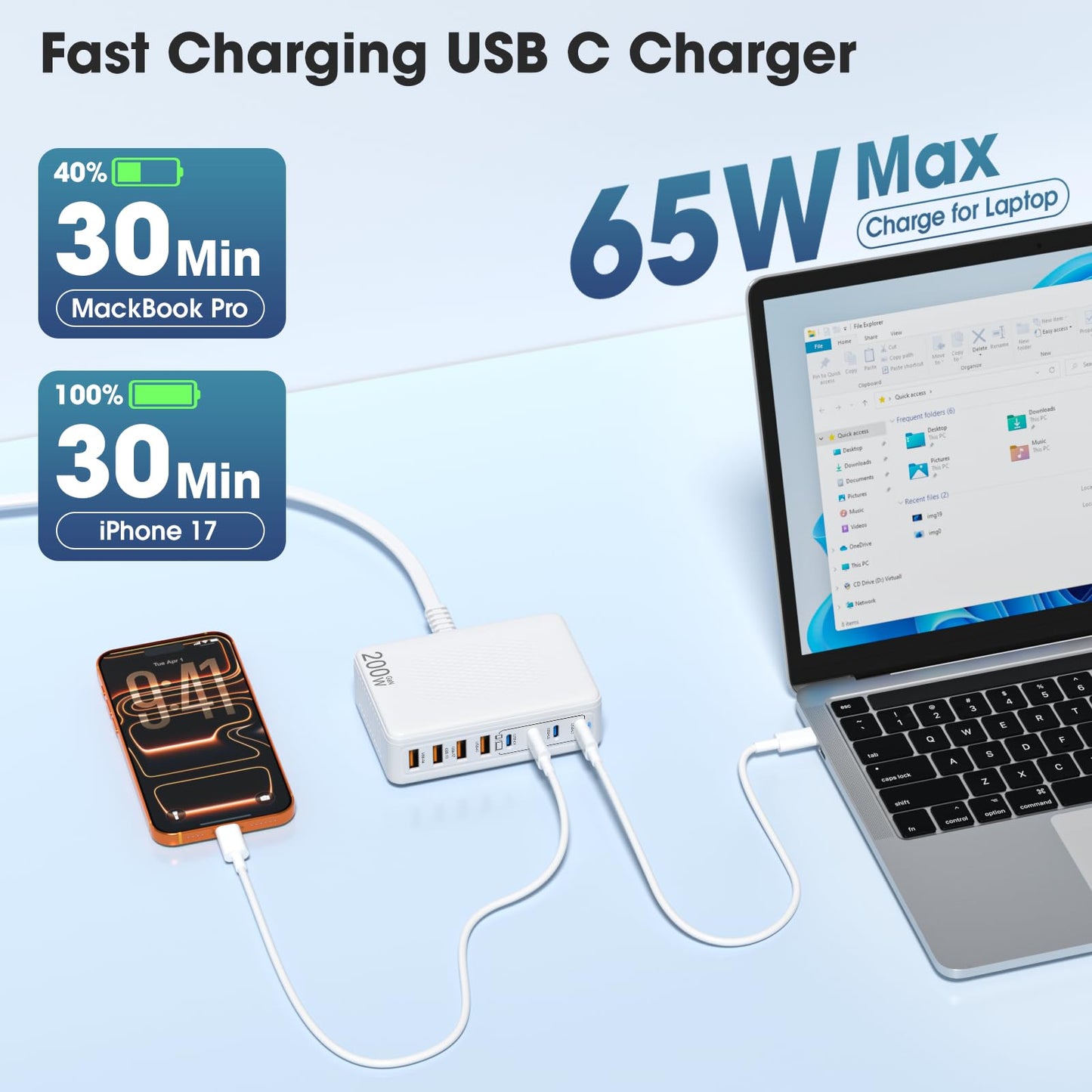 KTDRJN USB C Charger 200W,Upgraded GaN 8-Port Fast Charging Station Hub,Laptop Charger Adapter,Wall Charger Power Compatible with iPhone17/16/15/14/13