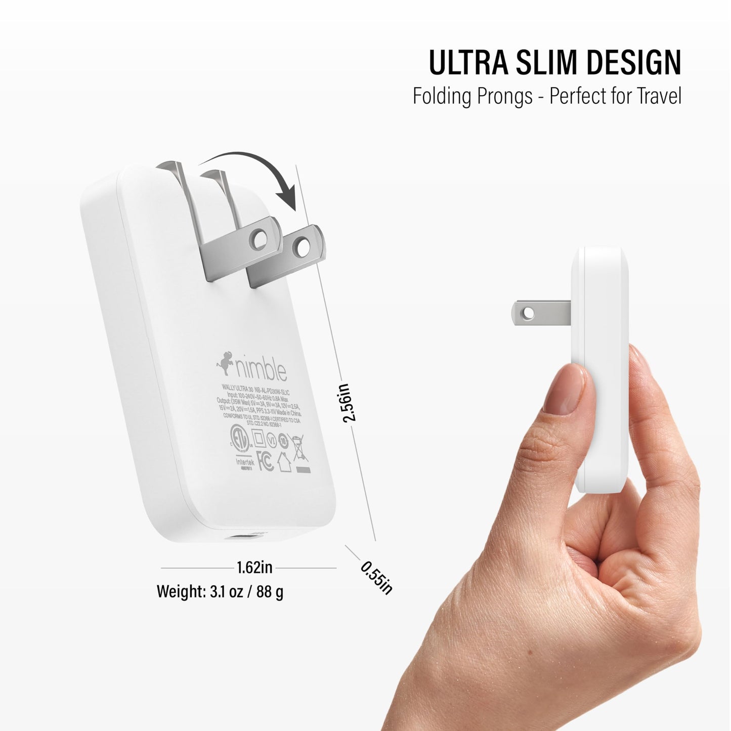 Nimble Wally Ultra Flat USB C Charger, 30W Slim Wall Charger Travel Ready Fast Charging Block, Foldable Power Adapter for Macbook iPhone