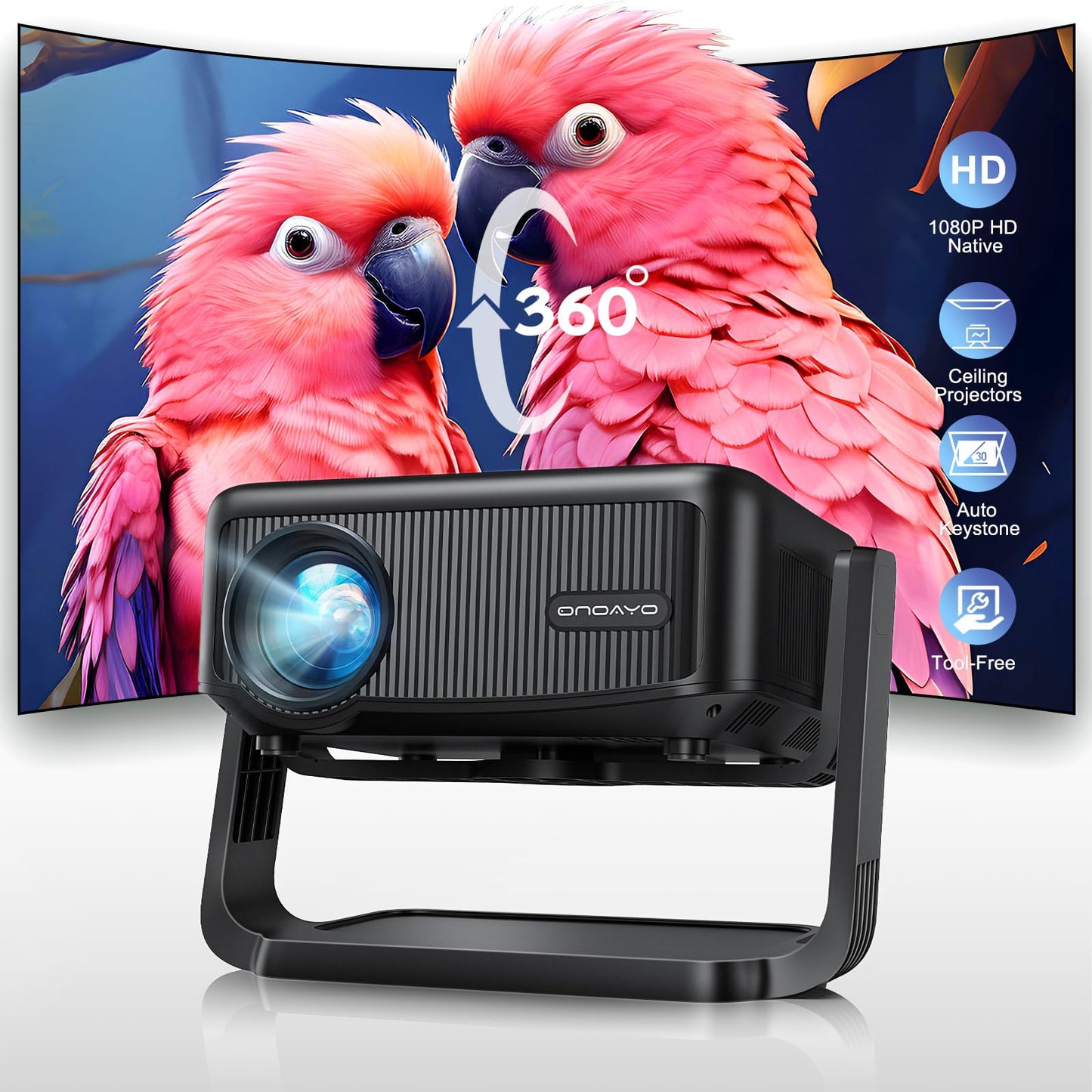 Mini-Projector with WiFi and Bluetooth: [1000 ANSI/360°Adjustable Stand/Electric Focus/Auto Keystone] Portable-Movie-Outdoor-Ceiling-Projector, ONOAYO