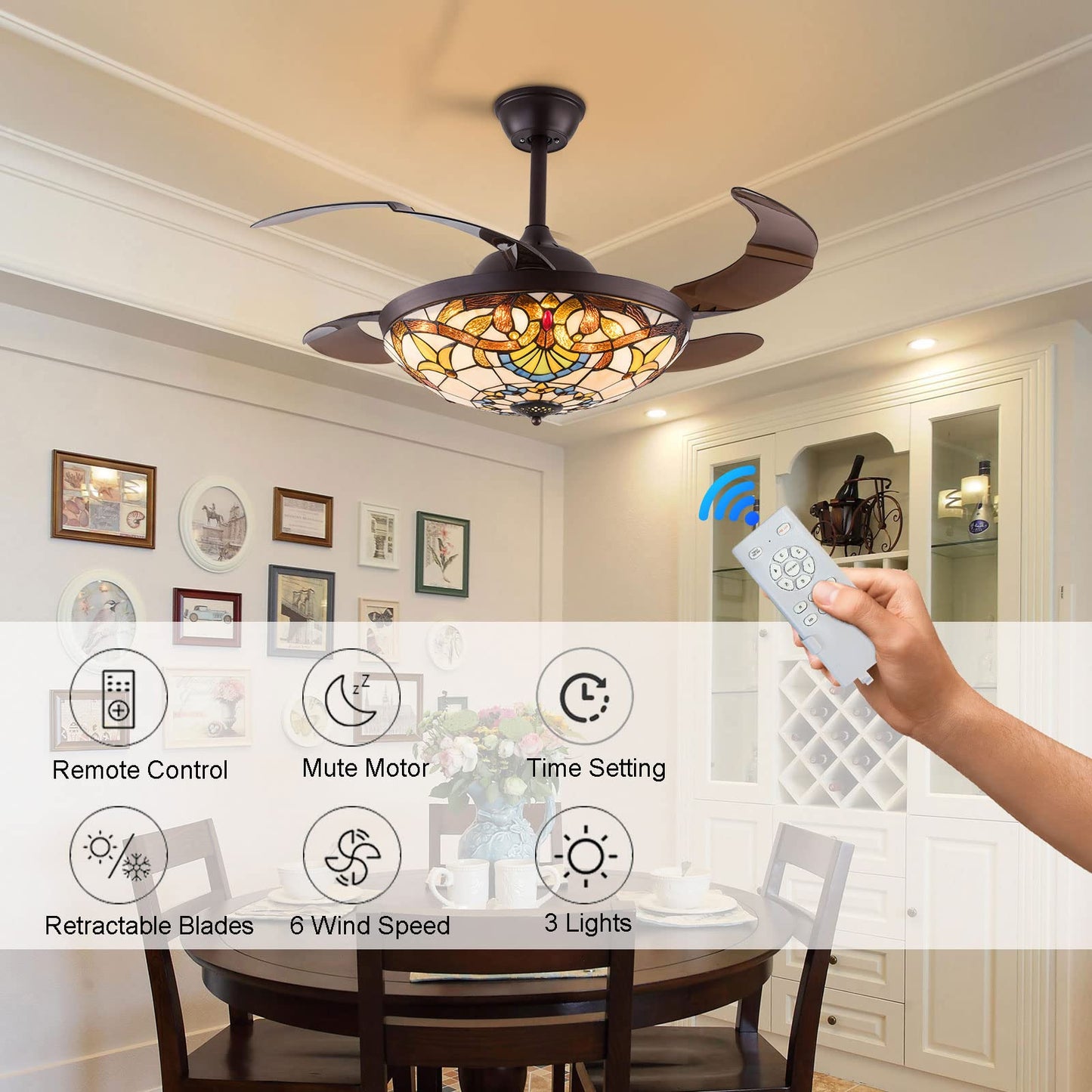 Ceiling Fan with Lights and Remote Control - 42in Vintage Dimmable LED Fan Chandelier for Bed Living Dinging Room Farmhouse