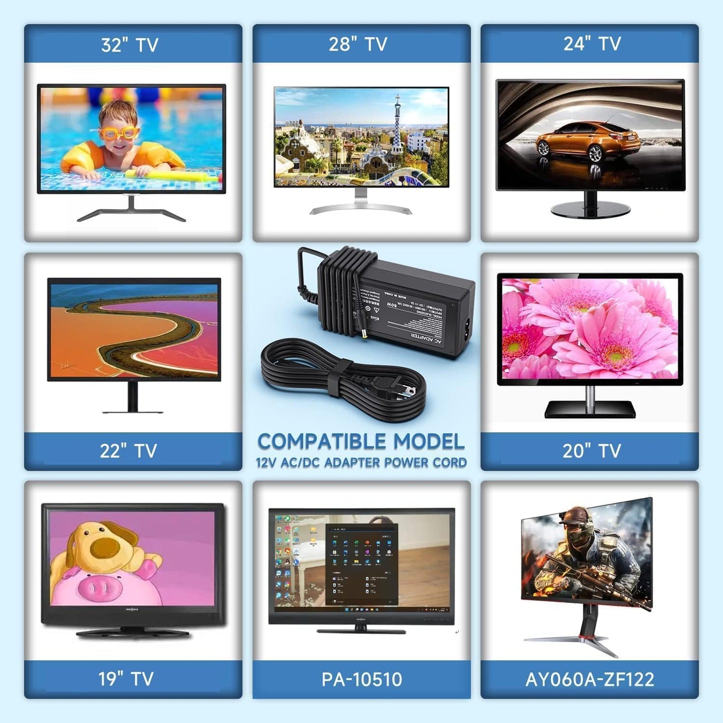 12V Power Cord Compatible with Insignia TV 19" 20" 24" 28" 32", Power Adapter for NS-32D312NA15, NS-32DF310NA19, NS-32D420NA16, NS-32D220NA16…