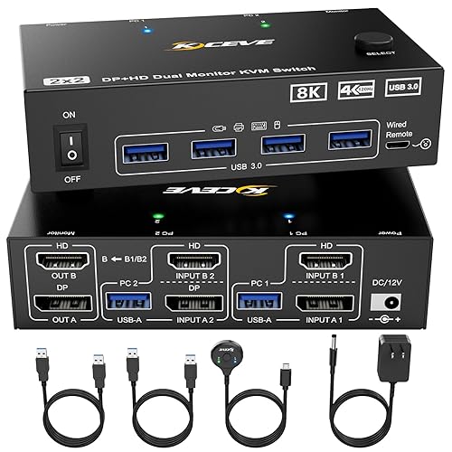 8K KVM Switch 2 Monitors 2 Computers Displayport HDMI, Dual Monitor USB 3.0 DP KVM Switcher Supports 8K@60Hz for 2 Computers Share Keyboard, Mouse