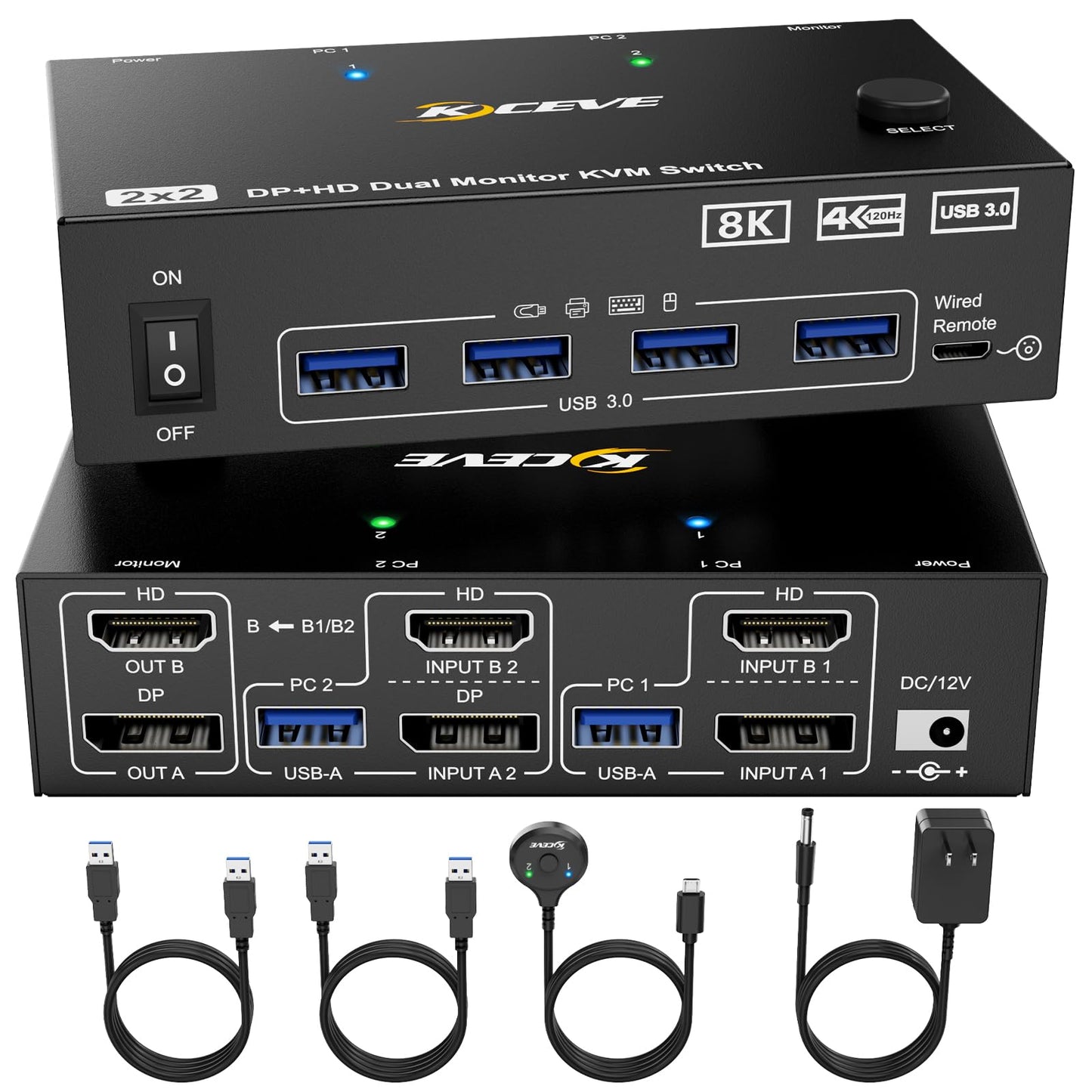 8K KVM Switch 2 Monitors 2 Computers Displayport HDMI, Dual Monitor USB 3.0 DP KVM Switcher Supports 8K@60Hz for 2 Computers Share Keyboard, Mouse