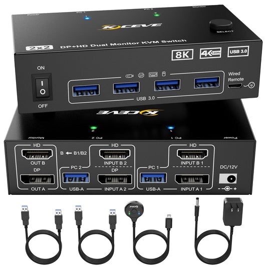 8K KVM Switch 2 Monitors 2 Computers Displayport HDMI, Dual Monitor USB 3.0 DP KVM Switcher Supports 8K@60Hz for 2 Computers Share Keyboard, Mouse