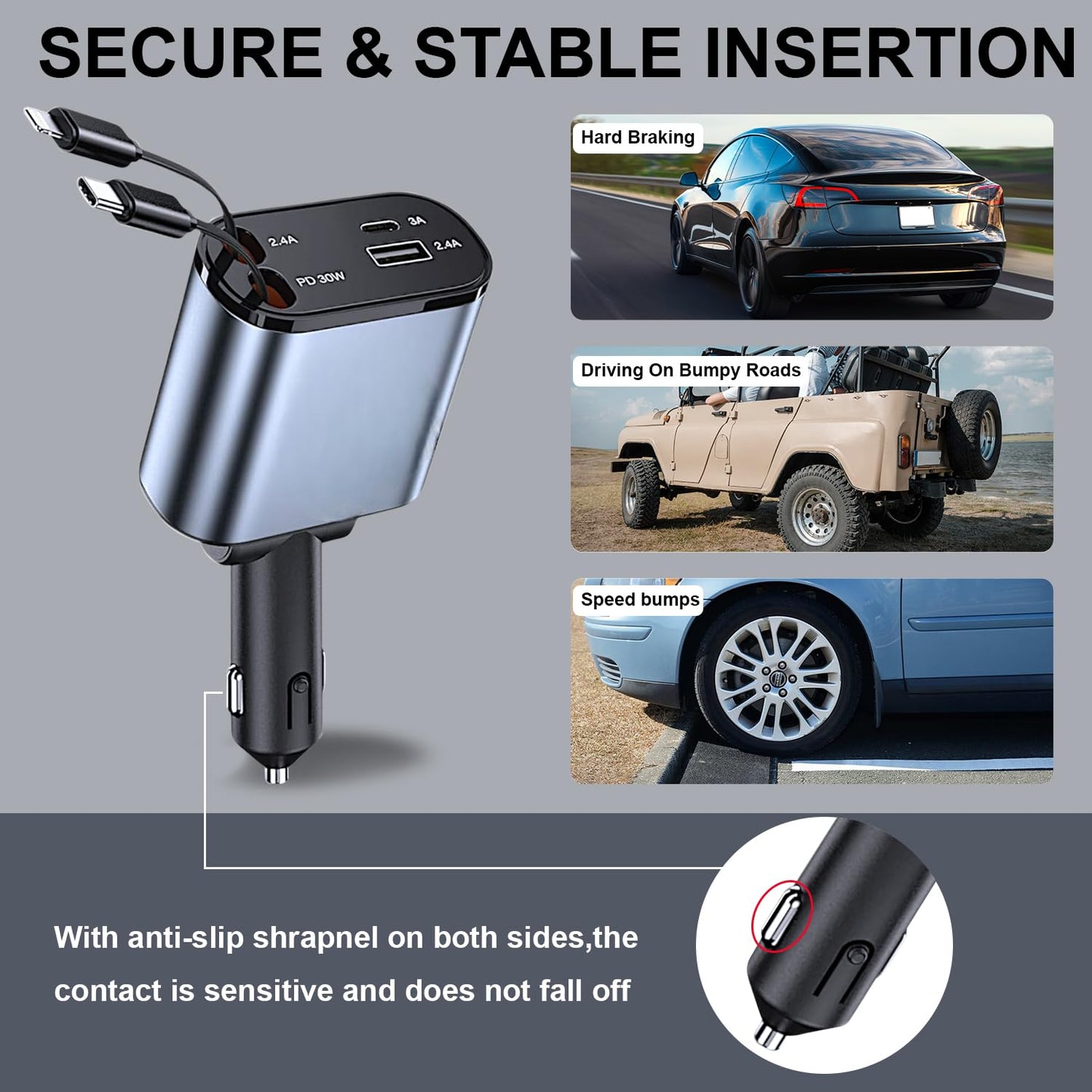 Retractable car Charger USB C, 4 in 1 Fast Car Phone Charger 120W, USBC and Lightening Car Adapter, iPhone 16 pro car Charger, Compatible with iPhone