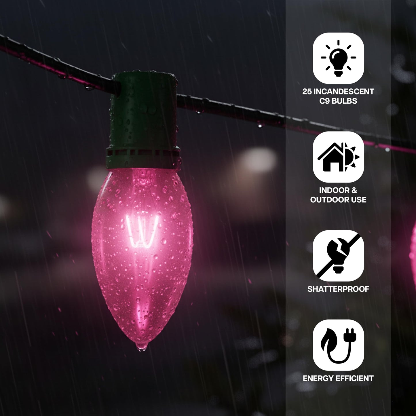 Holiday Bright Lights C9 Pink Transparent Filament LED Replacement Roofline with E17 Base String Light Bulbs Set of 25