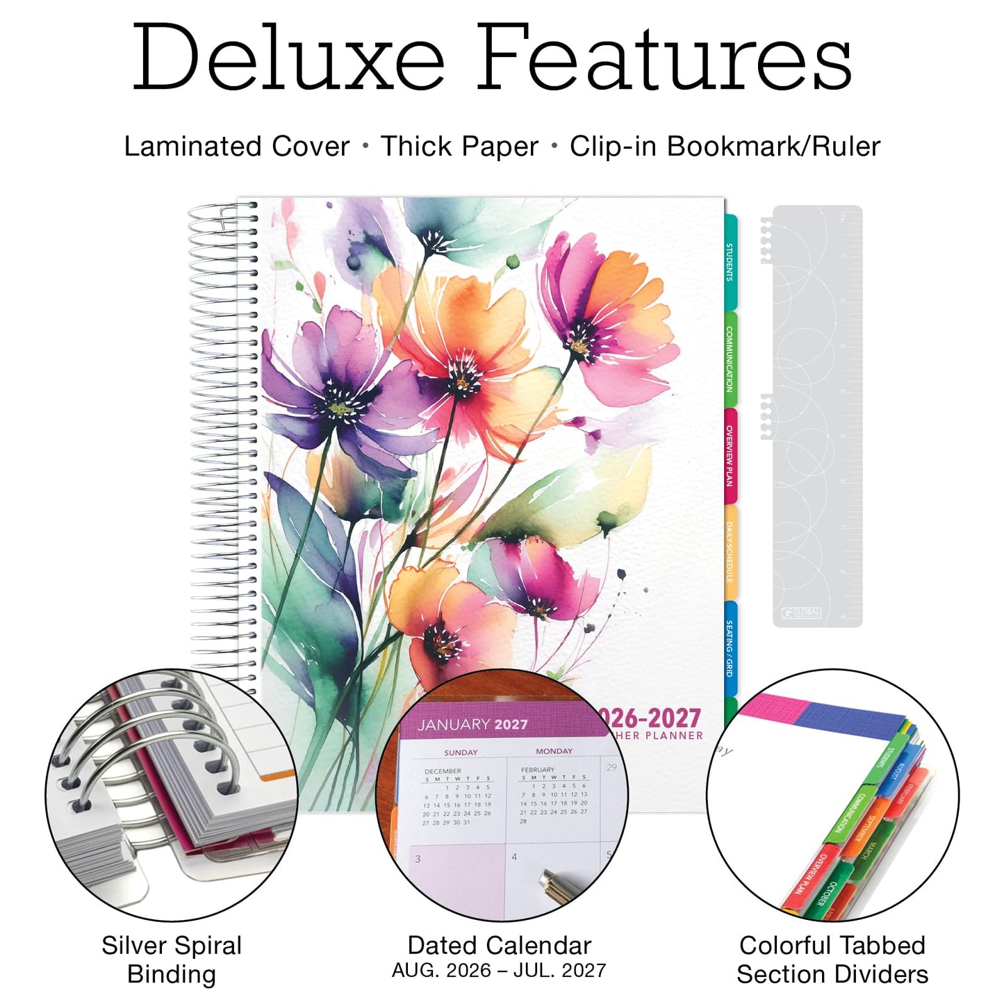 DELUXE TEACHER PLANNER Aug 2026-Jul 2027 8.5x11 Daily Weekly Monthly Organizers with 7 Periods, Pocket Folder, Dated Calendar, Page Tabs, Bookmark
