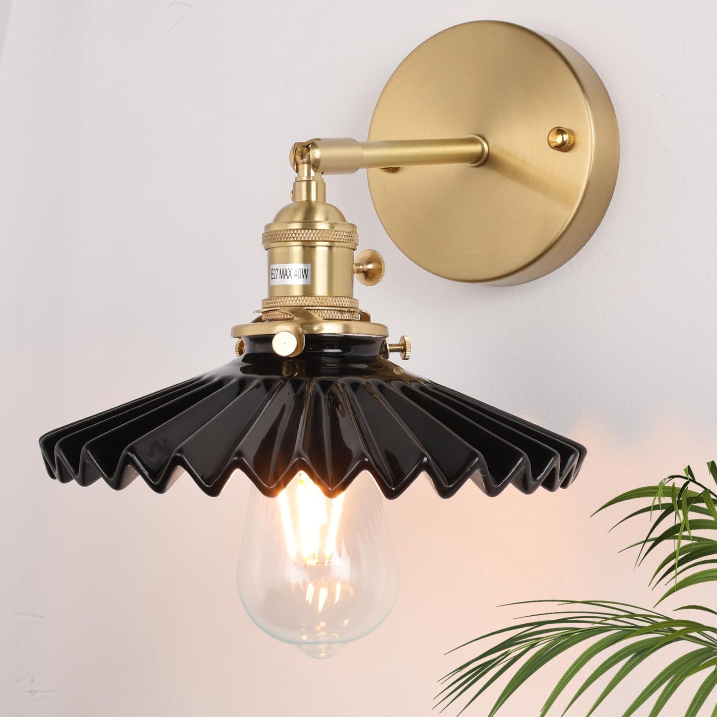 Shenmoyl Vintage Wall Sconce with Black Pleated Ceramic Lampshade 180 Degree Adjustable Brass Sconces Wall Lighting Fixture with Switch for Bedside