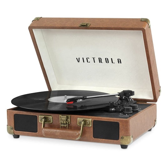 Victrola Journey Bluetooth Portable Suitcase Record Player - with Built-in Speakers, 3 Speed Vinyl Record Player, RCA Out, Headphone Jack (Brown)