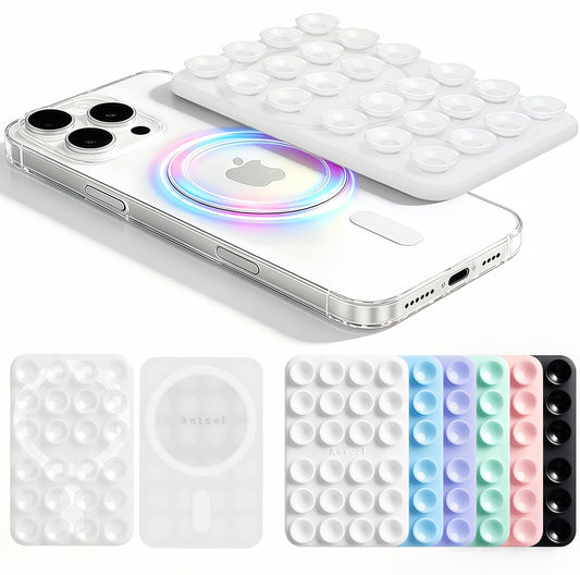 Anteel 2026 Upgraded Magnetic Suction Phone Holder, Clear Silicone Suction Sticky Grip Holder for iPhone 12 13 14 15 16 17 Series, Suction Mirror