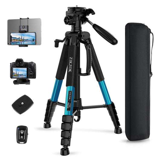 75" Heavy Duty Camera Tripod Stand with Bluetooth Remote - Max Load 15LB, Aluminum Travel Tripod for DSLR/Phone/Tablet/Projector, 3-Way Pan Head