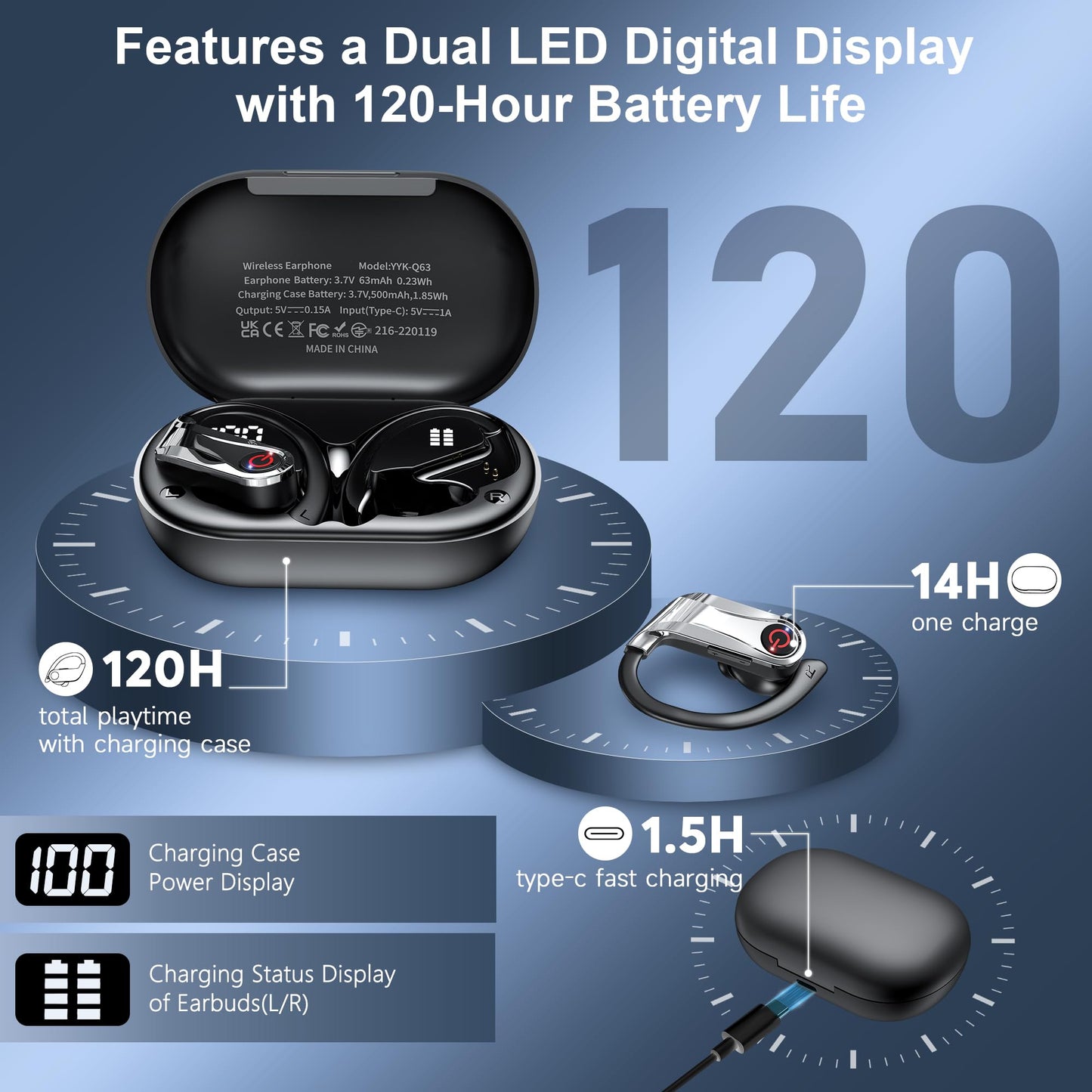 Bluetooth 6.1 Headphones True Wireless Earbuds 120hrs Playtime Wireless Charging Case, Digital Display Sports Ear Buds with Earhook Hi-Res Audio Clear