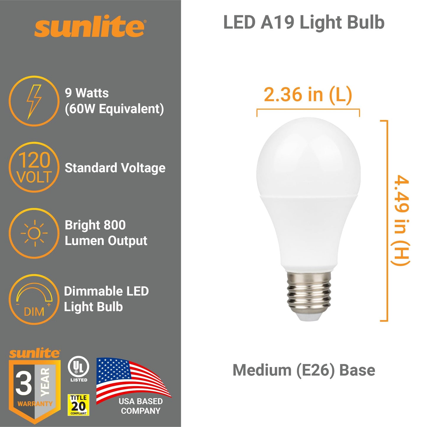 Sunlite LED A19 Light Bulb, 9 Watts (60W Equivalent), 800 Lumens, 120V, Dimmable, Medium E26 Base, 90 CRI, 230 Degree Beam Angle, UL Listed, Title-20
