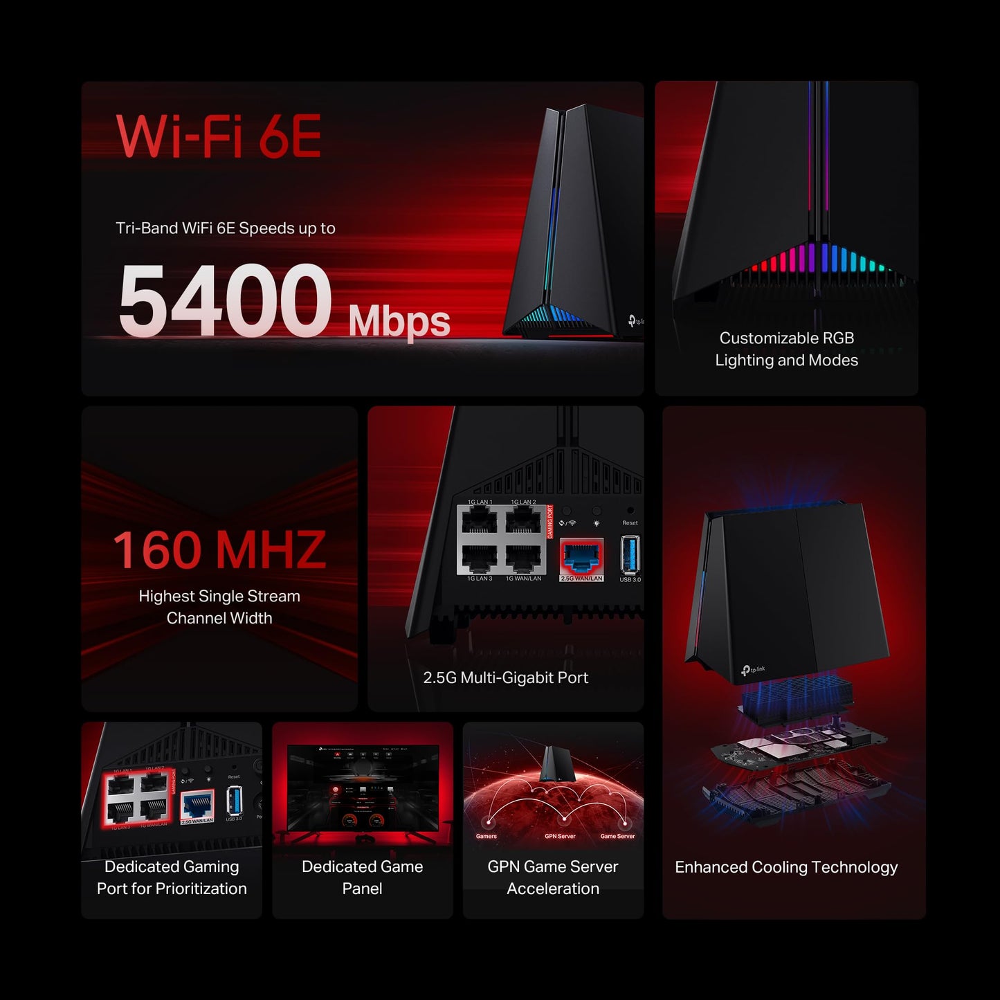 TP-Link Tri-Band AXE5400 Wi-Fi 6E Gaming Router Archer GXE75 | 6-Stream 5.4 Gbps | 1×2.5G + 4×1G Ports, USB 3.0 | Exclusive Acceleration, Gaming Port