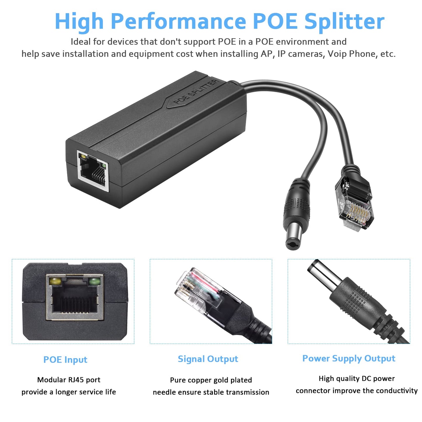 Bawofu Active PoE Power Over Ethernet Splitter Adapter 48V to 12V, 5.5x2.1mm DC, IEEE 802.3AF/at Compliant 10/100Mbps PoE Splitter with 12V Output